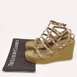 Pre Owned Valentino Green Leather Rockstud Wedge Sandals Size 38