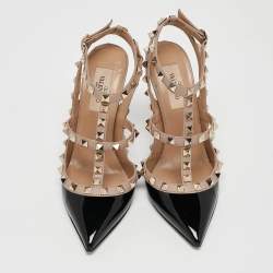 Pre Owned Valentino Black/Pink Patent and Leather Rockstud Caged Pumps Size 36