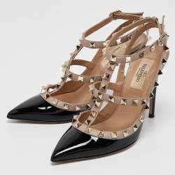 Pre Owned Valentino Black/Pink Patent and Leather Rockstud Caged Pumps Size 36