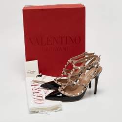 Pre Owned Valentino Black/Pink Patent and Leather Rockstud Caged Pumps Size 36