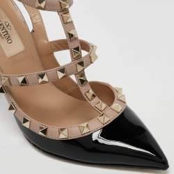 Pre Owned Valentino Black/Pink Patent and Leather Rockstud Caged Pumps Size 36
