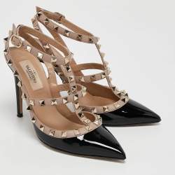 Pre Owned Valentino Black/Pink Patent and Leather Rockstud Caged Pumps Size 36