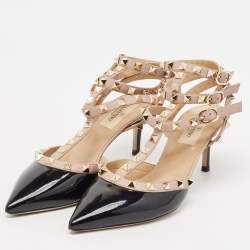 Pre Owned Valentino Black/Pink Patent and Leather Rockstud Caged Pumps Size 37