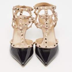 Pre Owned Valentino Black/Pink Patent and Leather Rockstud Caged Pumps Size 37