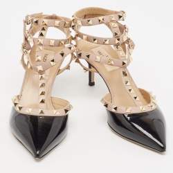 Pre Owned Valentino Black/Pink Patent and Leather Rockstud Caged Pumps Size 37