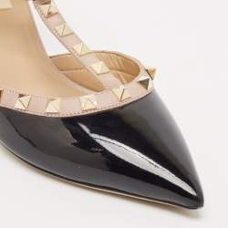 Pre Owned Valentino Black/Pink Patent and Leather Rockstud Caged Pumps Size 37