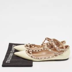Pre Owned Valentino Cream/Beige Patent Leather Rockstud Ankle Strap Ballet Flats Size 40