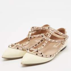 Pre Owned Valentino Cream/Beige Patent Leather Rockstud Ankle Strap Ballet Flats Size 40