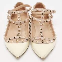 Pre Owned Valentino Cream/Beige Patent Leather Rockstud Ankle Strap Ballet Flats Size 40