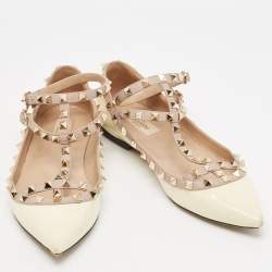 Pre Owned Valentino Cream/Beige Patent Leather Rockstud Ankle Strap Ballet Flats Size 40