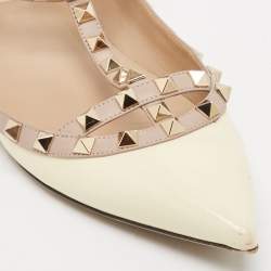 Pre Owned Valentino Cream/Beige Patent Leather Rockstud Ankle Strap Ballet Flats Size 40