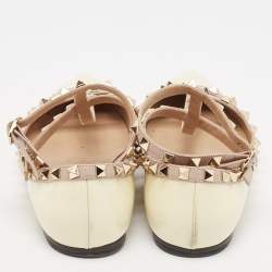 Pre Owned Valentino Cream/Beige Patent Leather Rockstud Ankle Strap Ballet Flats Size 40