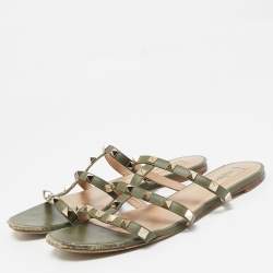 Valentino Green Leather Rockstud Flat Slides Size 39.5