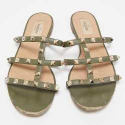 Valentino Green Leather Rockstud Flat Slides Size 39.5