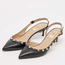 Pre Owned Valentino Black Leather Rockstud Slingback Pumps Size 39