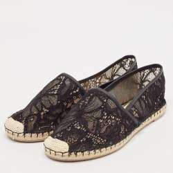 Pre Owned Valentino Black Lace and Leather Butterfly Espadrille Flats Size 40