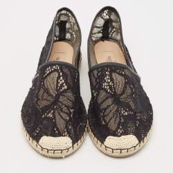 Pre Owned Valentino Black Lace and Leather Butterfly Espadrille Flats Size 40