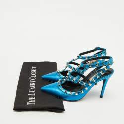 Valentino Metallic Blue Leather Rockstud Ankle Strap Pumps Size 35.5
