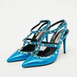 Valentino Metallic Blue Leather Rockstud Ankle Strap Pumps Size 35.5