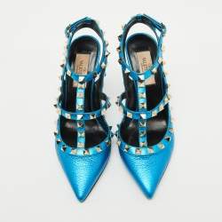 Valentino Metallic Blue Leather Rockstud Ankle Strap Pumps Size 35.5
