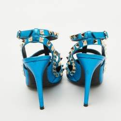 Valentino Metallic Blue Leather Rockstud Ankle Strap Pumps Size 35.5