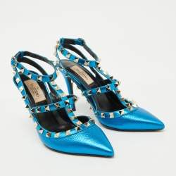 Valentino Metallic Blue Leather Rockstud Ankle Strap Pumps Size 35.5