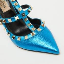 Valentino Metallic Blue Leather Rockstud Ankle Strap Pumps Size 35.5