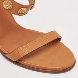 Pre Owned Valentino Tan Leather Studded Coin Ankle Strap Sandals Size 38.5