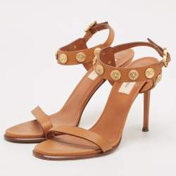 Pre Owned Valentino Tan Leather Studded Coin Ankle Strap Sandals Size 38.5