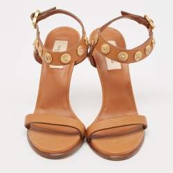 Pre Owned Valentino Tan Leather Studded Coin Ankle Strap Sandals Size 38.5