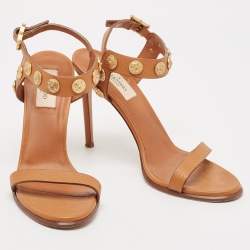 Pre Owned Valentino Tan Leather Studded Coin Ankle Strap Sandals Size 38.5