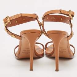 Pre Owned Valentino Tan Leather Studded Coin Ankle Strap Sandals Size 38.5