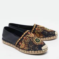 Pre Owned Valentino Navy Blue Leather and Floral Lace Espadrille Flats Size 38