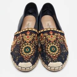 Pre Owned Valentino Navy Blue Leather and Floral Lace Espadrille Flats Size 38