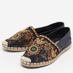 Pre Owned Valentino Navy Blue Leather and Floral Lace Espadrille Flats Size 38