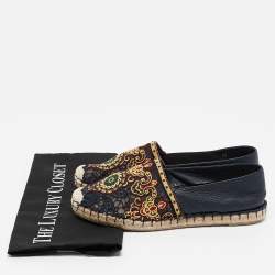 Pre Owned Valentino Navy Blue Leather and Floral Lace Espadrille Flats Size 38