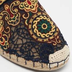 Pre Owned Valentino Navy Blue Leather and Floral Lace Espadrille Flats Size 38