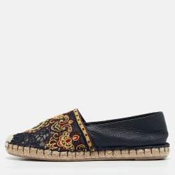 Pre Owned Valentino Navy Blue Leather and Floral Lace Espadrille Flats Size 38