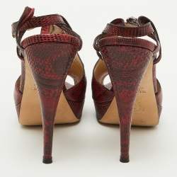 Valentino Red/Black Lizard Leather Ankle Strap Platform Sandals Size 38.5