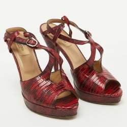 Valentino Red/Black Lizard Leather Ankle Strap Platform Sandals Size 38.5