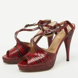 Valentino Red/Black Lizard Leather Ankle Strap Platform Sandals Size 38.5