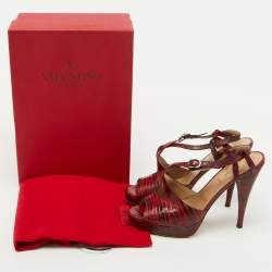 Valentino Red/Black Lizard Leather Ankle Strap Platform Sandals Size 38.5