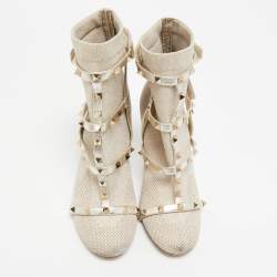 Valentino Silver/Grey Leather and Glitter Fabric Rockstud Accents Sock Boots Size 38