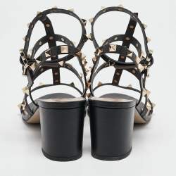 Pre Owned Valentino Black Leather Rockstud Ankle Strap Sandals Size 40