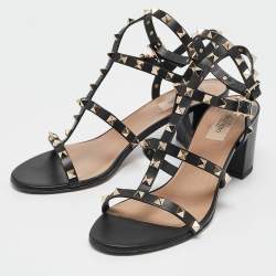 Pre Owned Valentino Black Leather Rockstud Ankle Strap Sandals Size 40