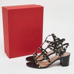 Pre Owned Valentino Black Leather Rockstud Ankle Strap Sandals Size 40