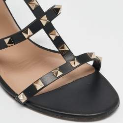 Pre Owned Valentino Black Leather Rockstud Ankle Strap Sandals Size 40