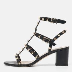 Pre Owned Valentino Black Leather Rockstud Ankle Strap Sandals Size 40