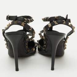 Pre Owned Valentino Black Leather Rockstud Ankle Strap Pumps Size 38