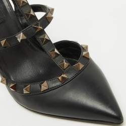 Pre Owned Valentino Black Leather Rockstud Ankle Strap Pumps Size 38